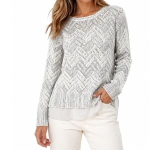 Womens Open Knit Sweater Silver Metallic Stripe Size L Boho Pullover Top Shimmer
